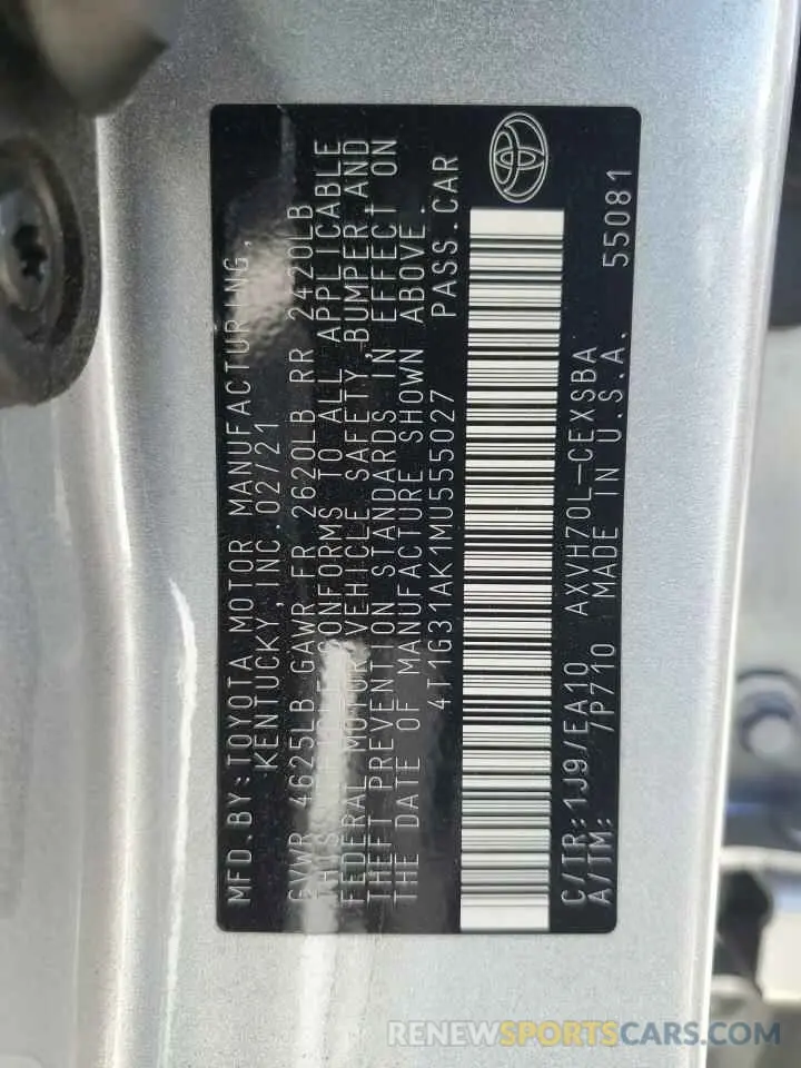 12 Photograph of a damaged car 4T1G31AK1MU555027 TOYOTA CAMRY 2021