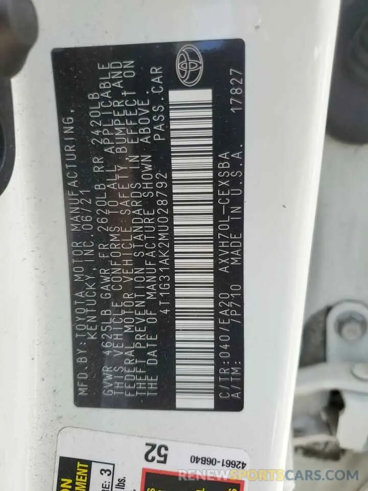 12 Фотография поврежденного автомобиля 4T1G31AK2MU028792 TOYOTA CAMRY 2021
