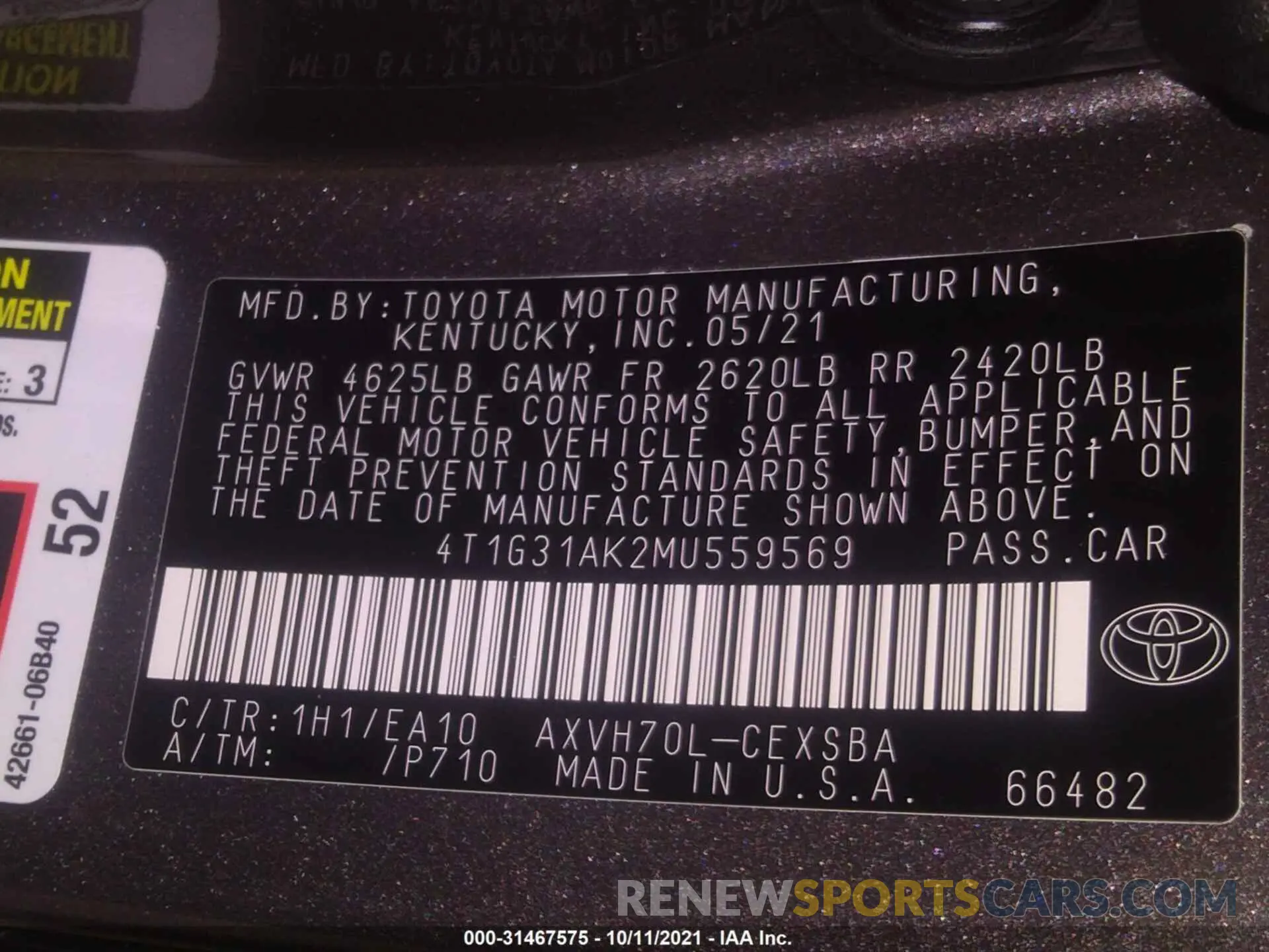 9 Фотография поврежденного автомобиля 4T1G31AK2MU559569 TOYOTA CAMRY 2021
