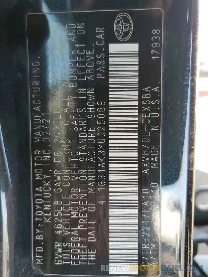 12 Photograph of a damaged car 4T1G31AK3MU025089 TOYOTA CAMRY 2021