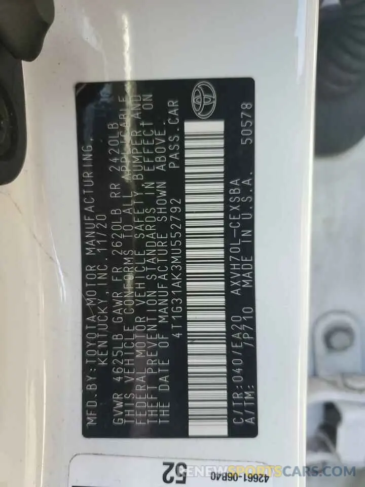 12 Фотография поврежденного автомобиля 4T1G31AK3MU552792 TOYOTA CAMRY 2021