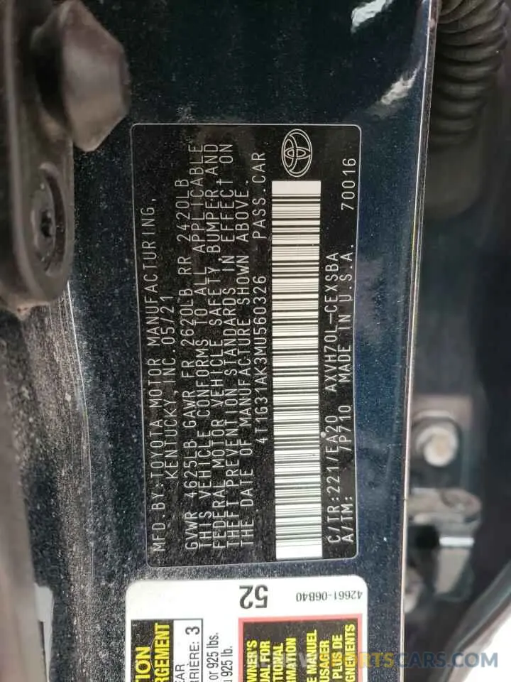 12 Photograph of a damaged car 4T1G31AK3MU560326 TOYOTA CAMRY 2021