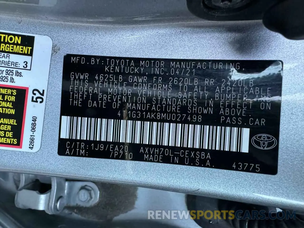 10 Photograph of a damaged car 4T1G31AK8MU027498 TOYOTA CAMRY 2021