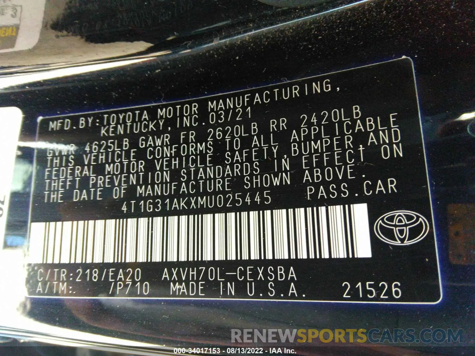 9 Фотография поврежденного автомобиля 4T1G31AKXMU025445 TOYOTA CAMRY 2021