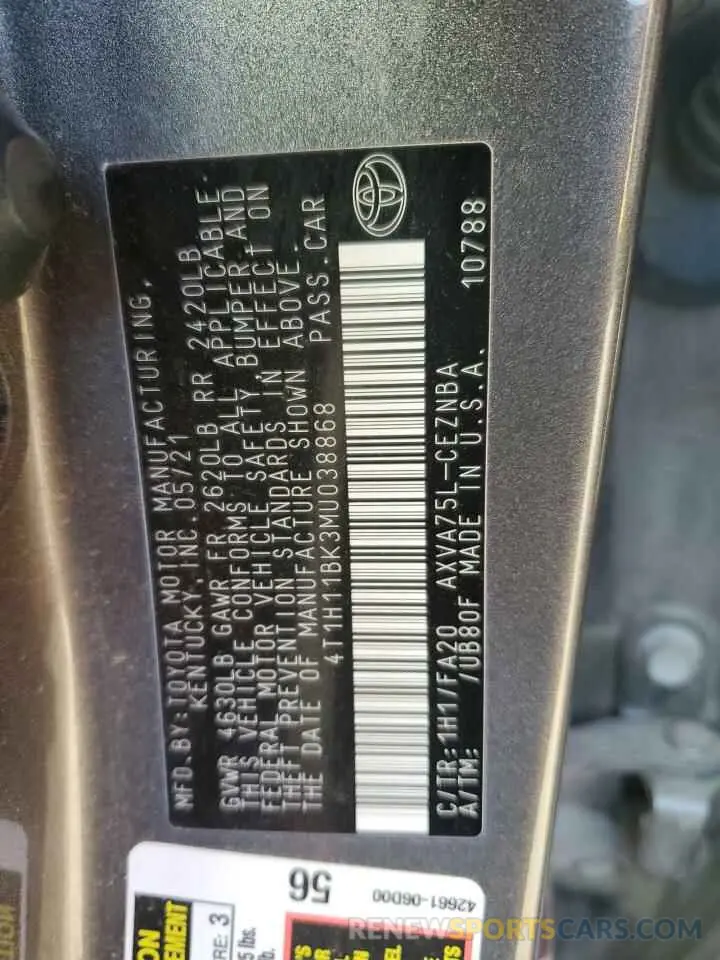 12 Фотография поврежденного автомобиля 4T1H11BK3MU038868 TOYOTA CAMRY 2021