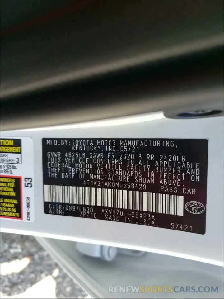 10 Photograph of a damaged car 4T1K31AK0MU558429 TOYOTA CAMRY 2021
