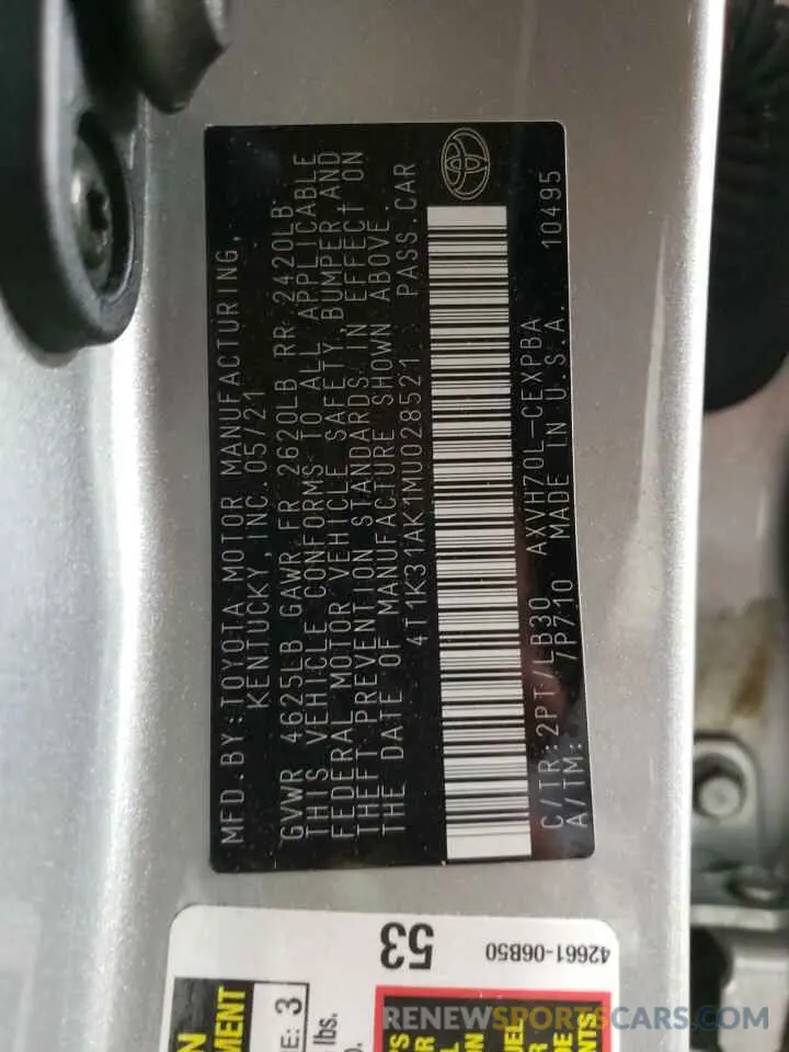 13 Фотография поврежденного автомобиля 4T1K31AK1MU028521 TOYOTA CAMRY 2021