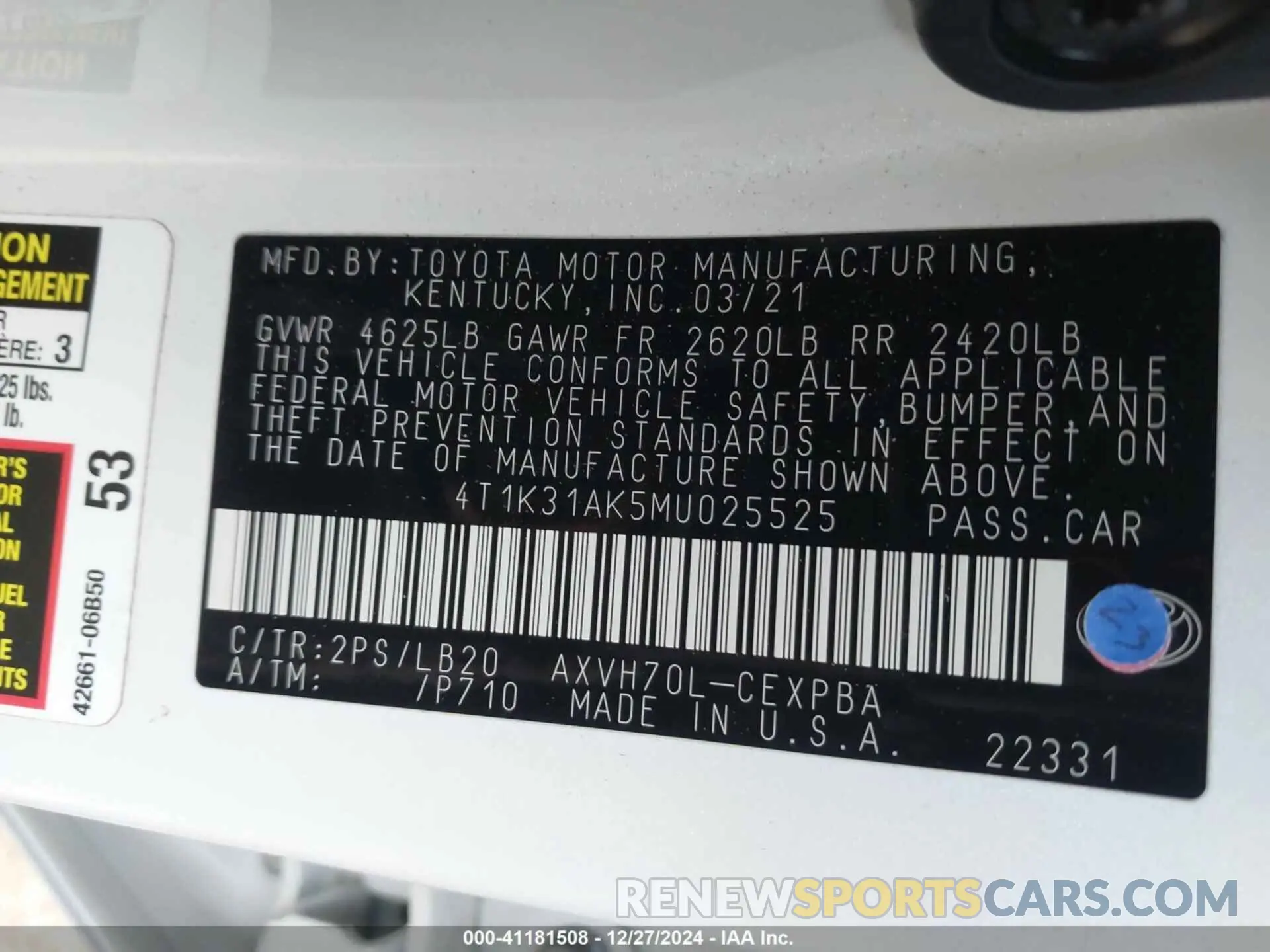 9 Фотография поврежденного автомобиля 4T1K31AK5MU025525 TOYOTA CAMRY 2021