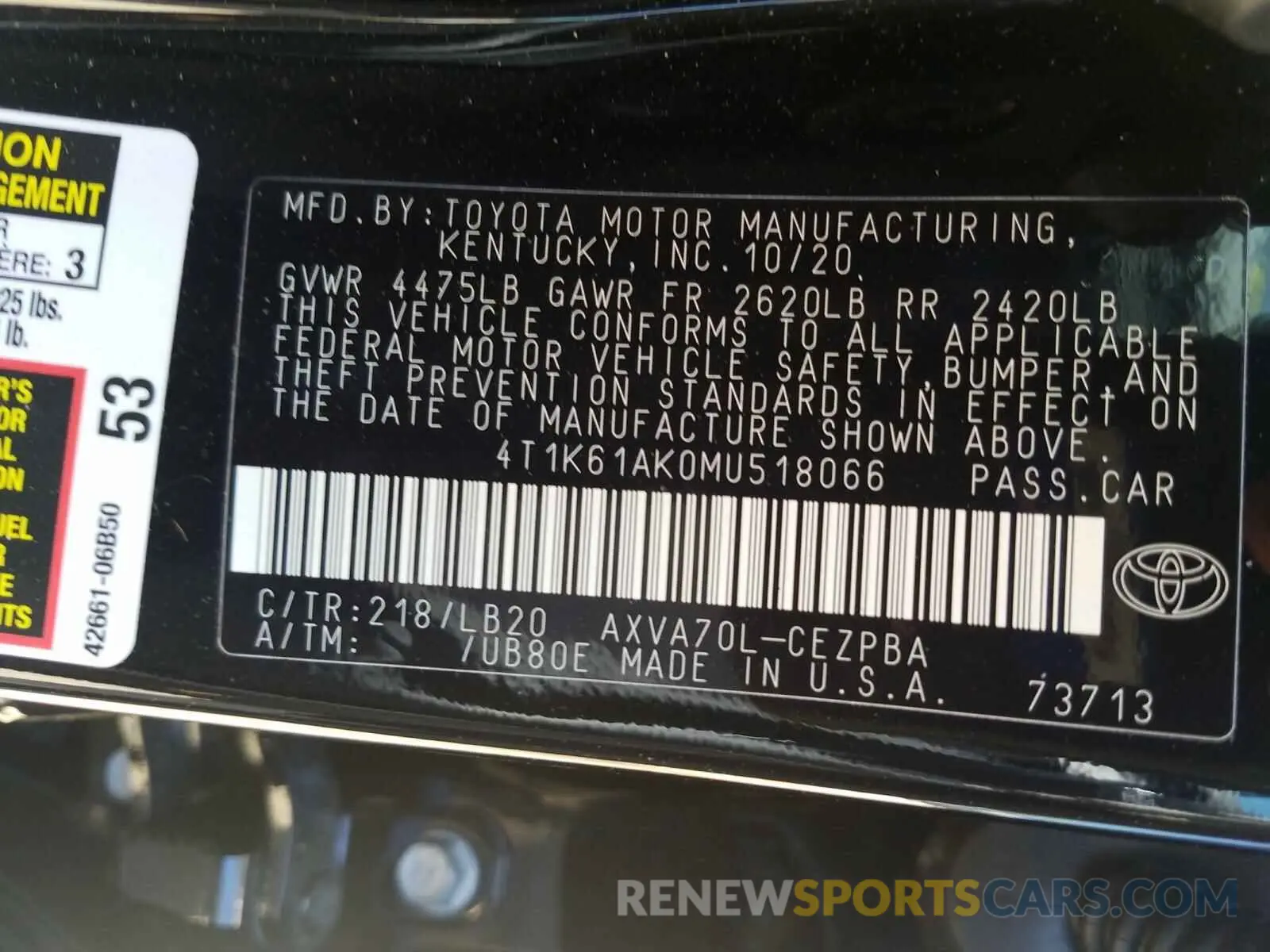 10 Photograph of a damaged car 4T1K61AK0MU518066 TOYOTA CAMRY 2021