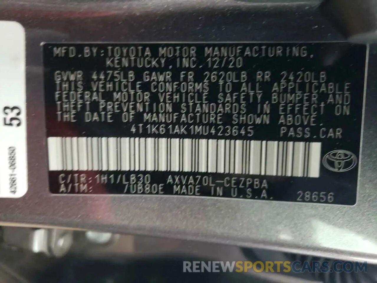 12 Photograph of a damaged car 4T1K61AK1MU423645 TOYOTA CAMRY 2021