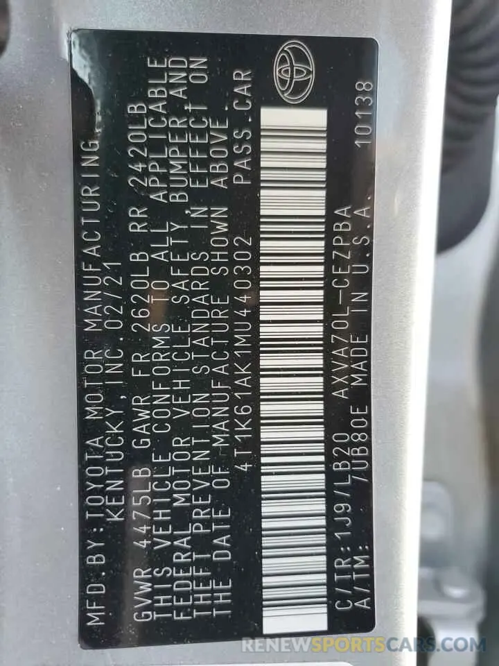 12 Фотография поврежденного автомобиля 4T1K61AK1MU440302 TOYOTA CAMRY 2021
