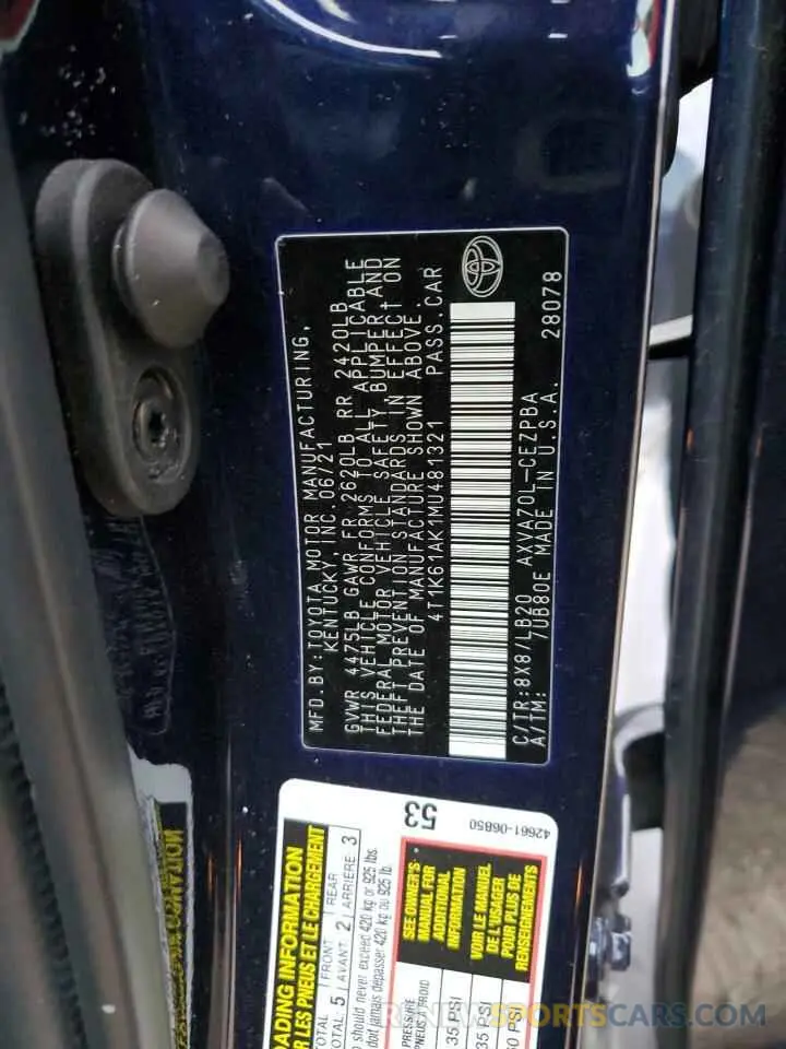12 Photograph of a damaged car 4T1K61AK1MU481321 TOYOTA CAMRY 2021