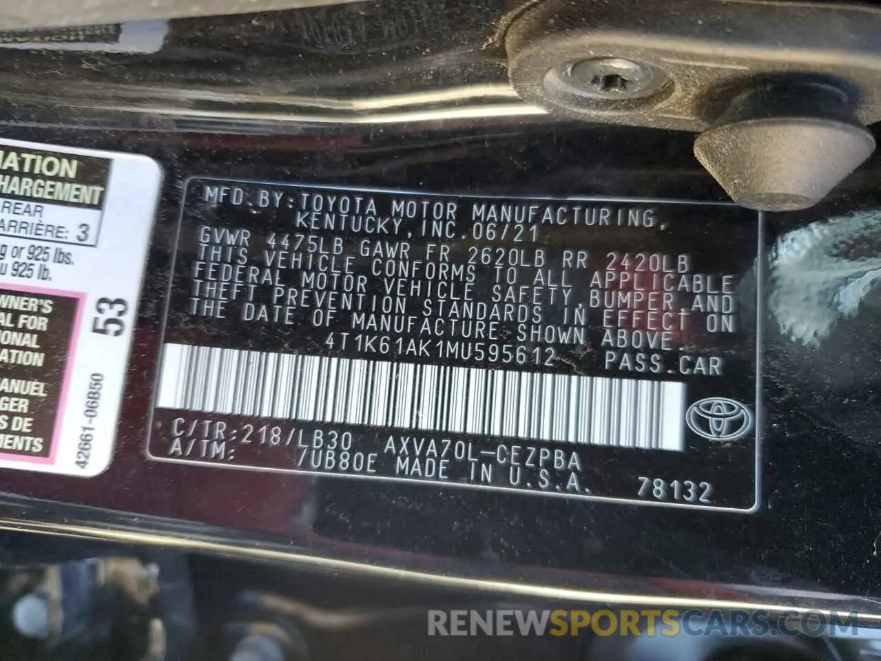 12 Photograph of a damaged car 4T1K61AK1MU595612 TOYOTA CAMRY 2021