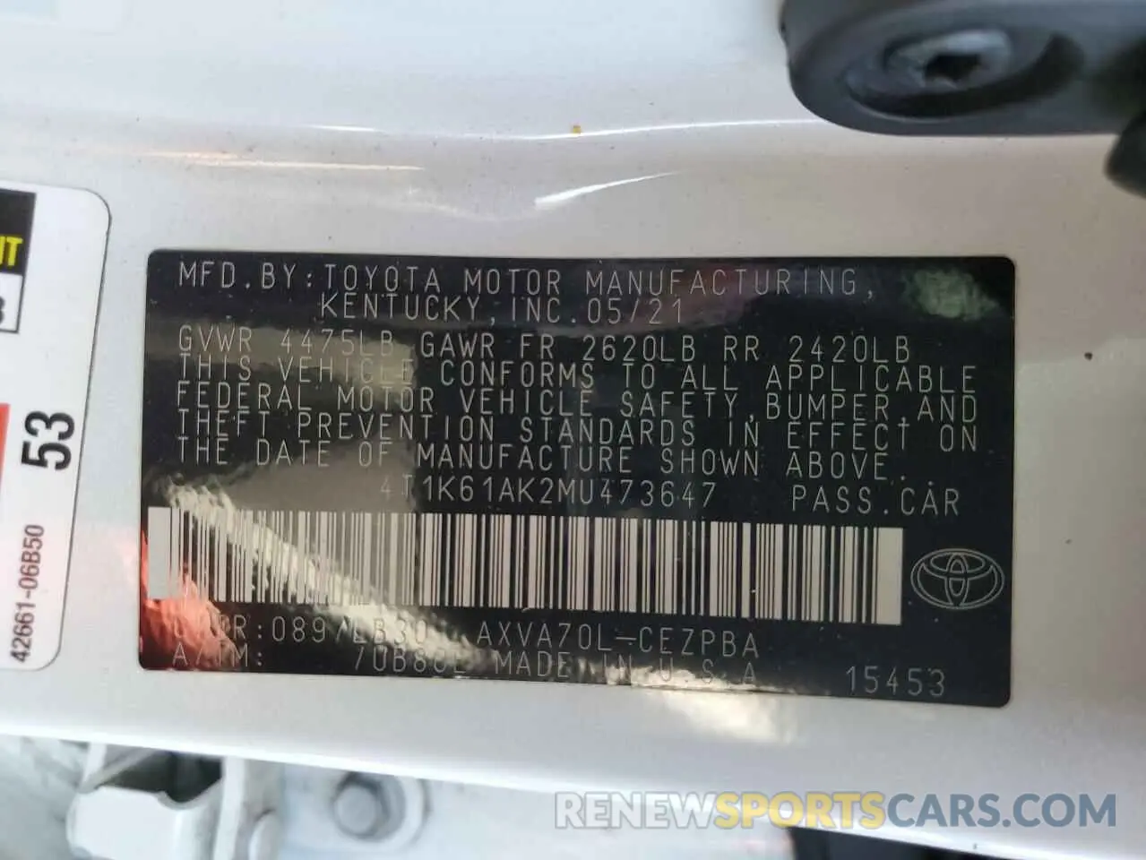 12 Photograph of a damaged car 4T1K61AK2MU473647 TOYOTA CAMRY 2021