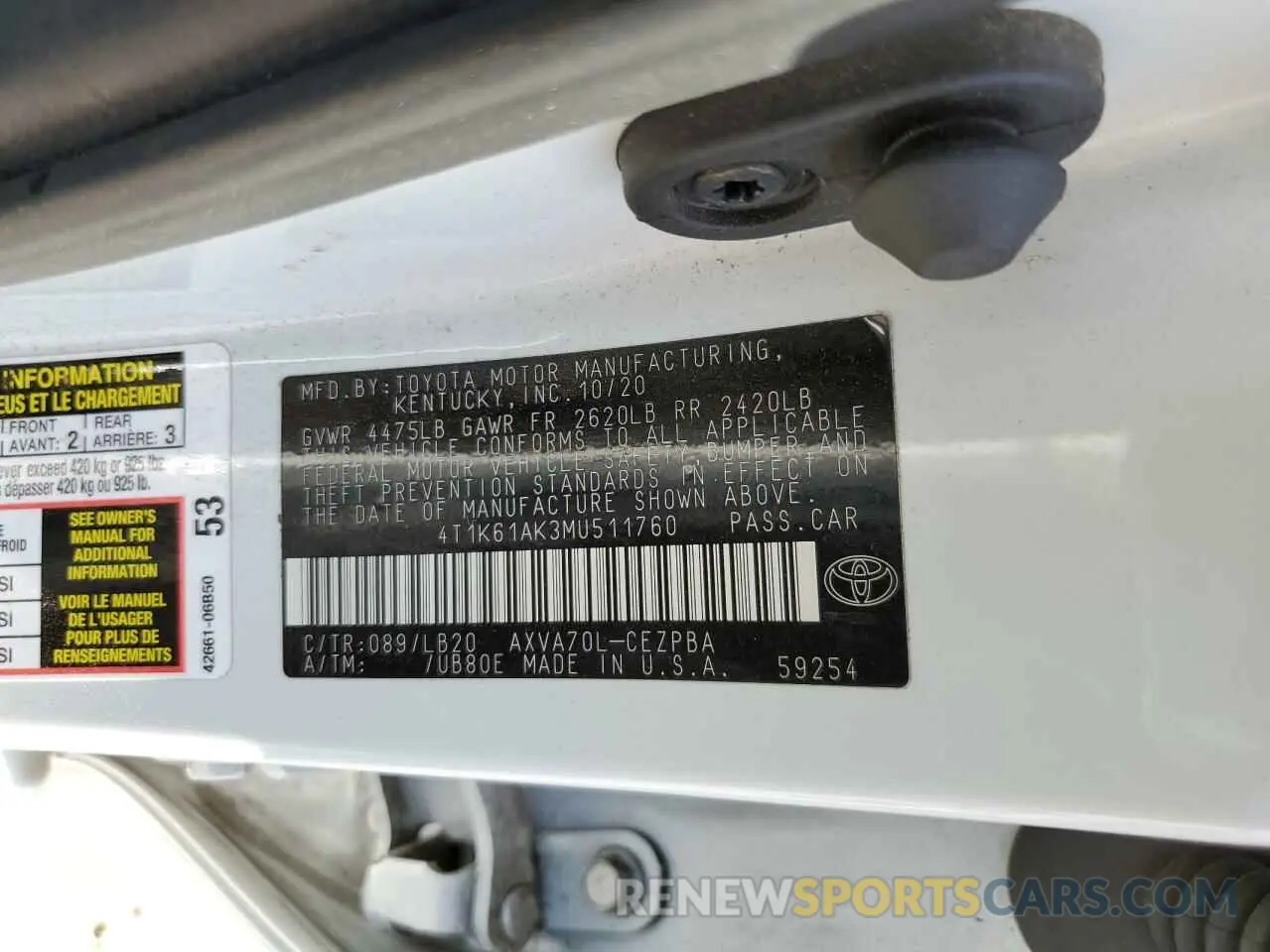 10 Фотография поврежденного автомобиля 4T1K61AK3MU511760 TOYOTA CAMRY 2021