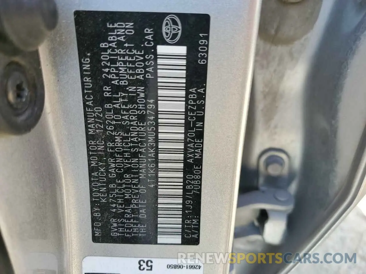13 Фотография поврежденного автомобиля 4T1K61AK3MU534794 TOYOTA CAMRY 2021