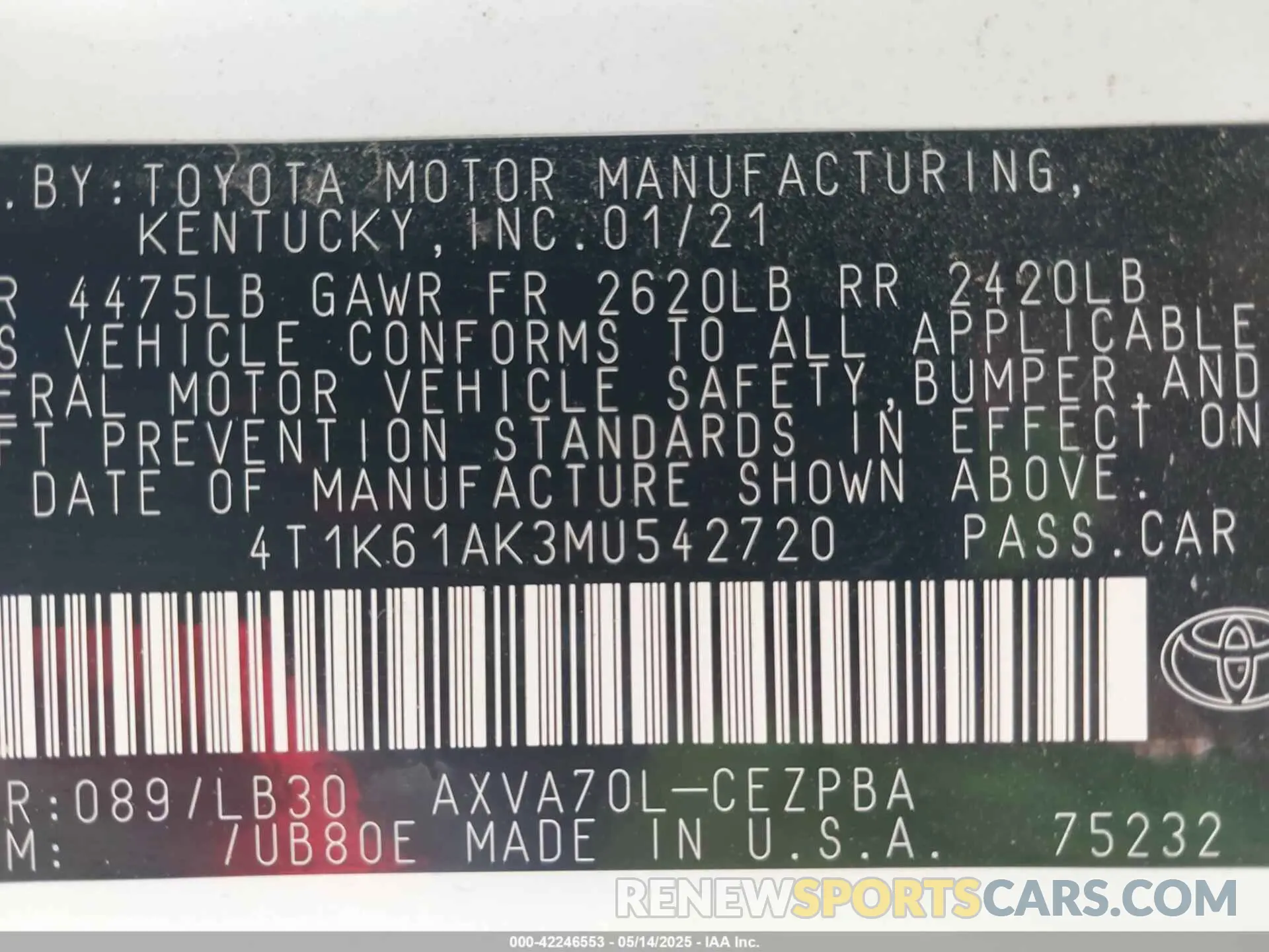 9 Фотография поврежденного автомобиля 4T1K61AK3MU542720 TOYOTA CAMRY 2021