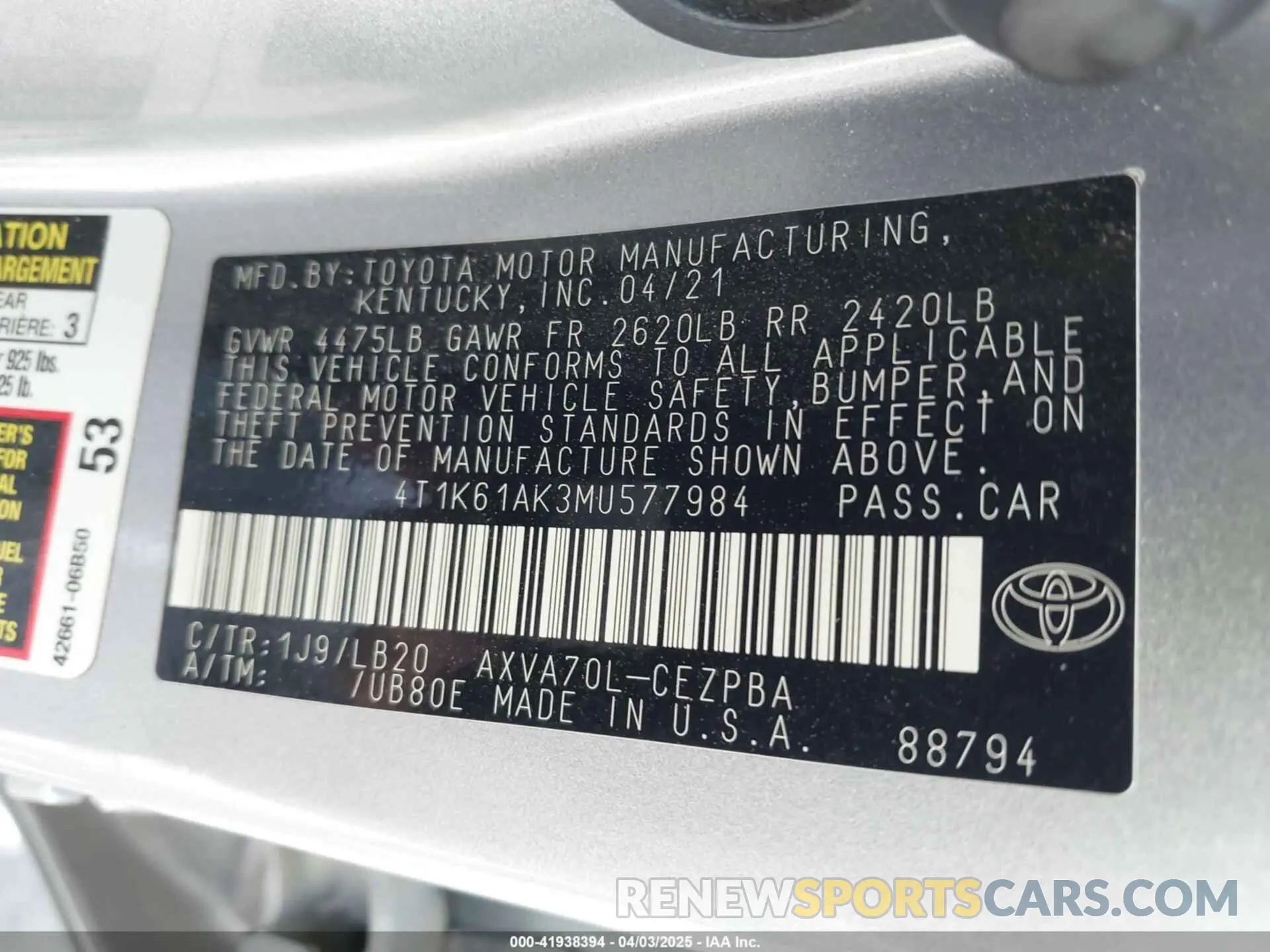 9 Photograph of a damaged car 4T1K61AK3MU577984 TOYOTA CAMRY 2021
