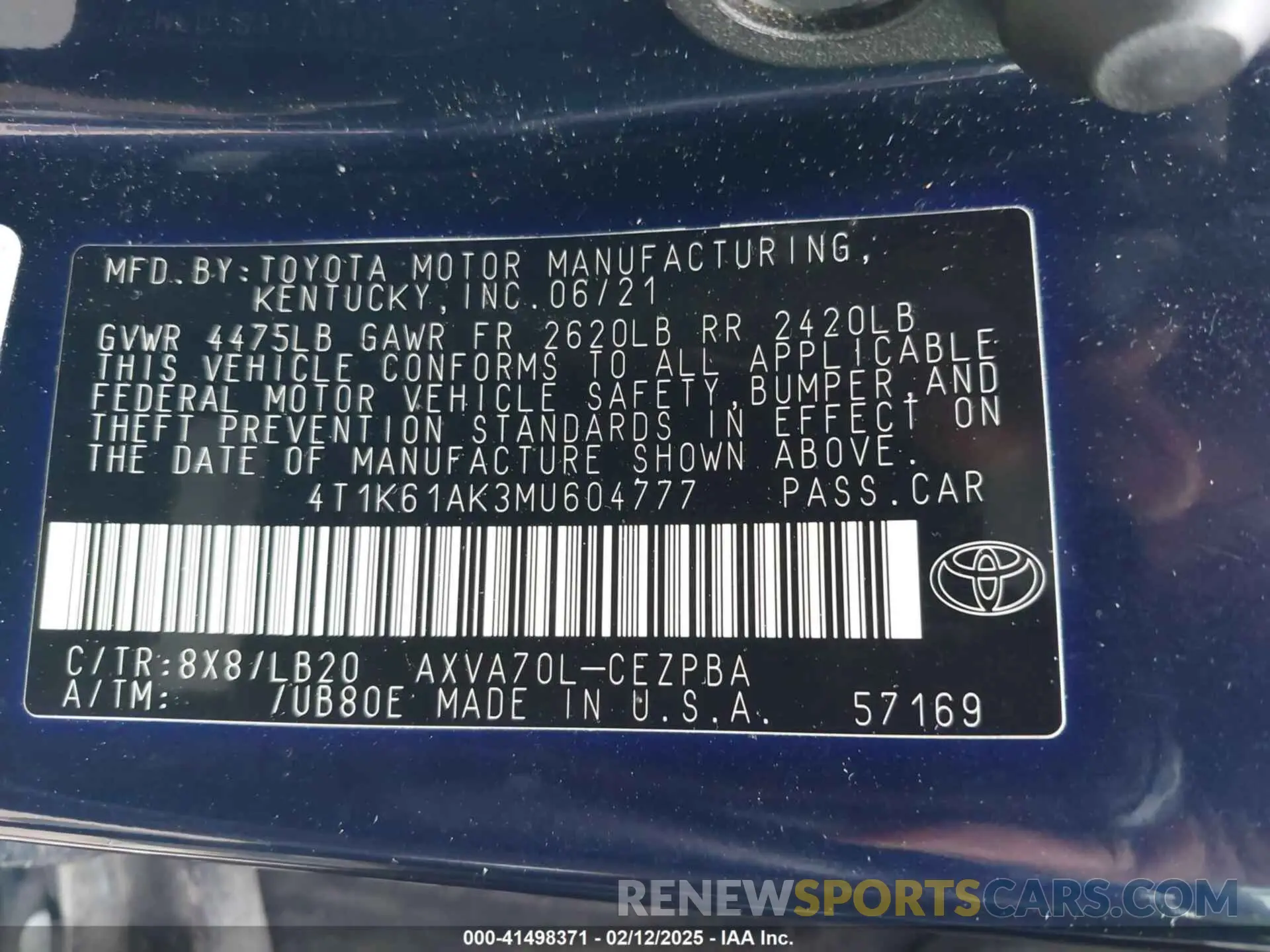 9 Фотография поврежденного автомобиля 4T1K61AK3MU604777 TOYOTA CAMRY 2021