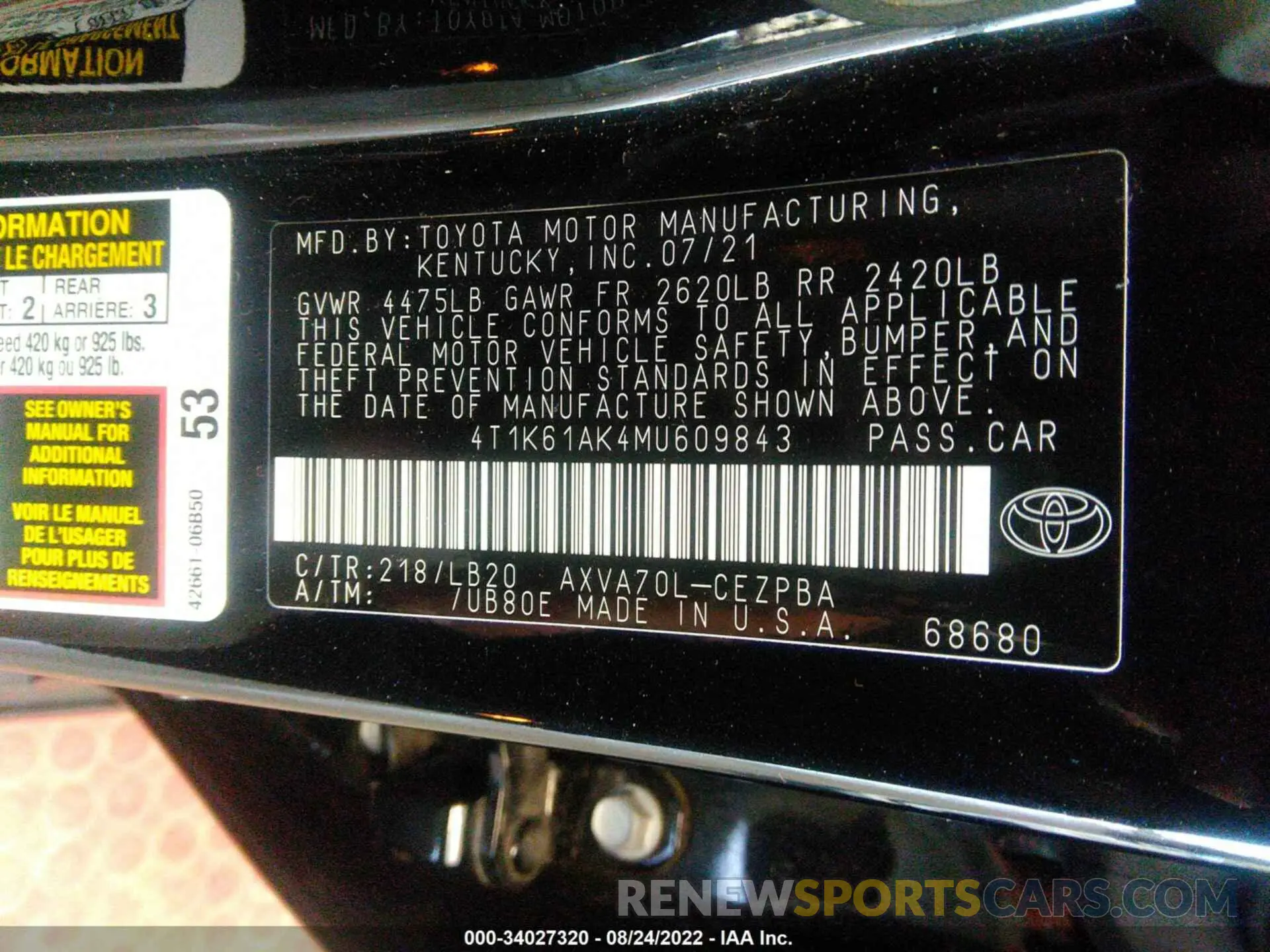 9 Photograph of a damaged car 4T1K61AK4MU609843 TOYOTA CAMRY 2021