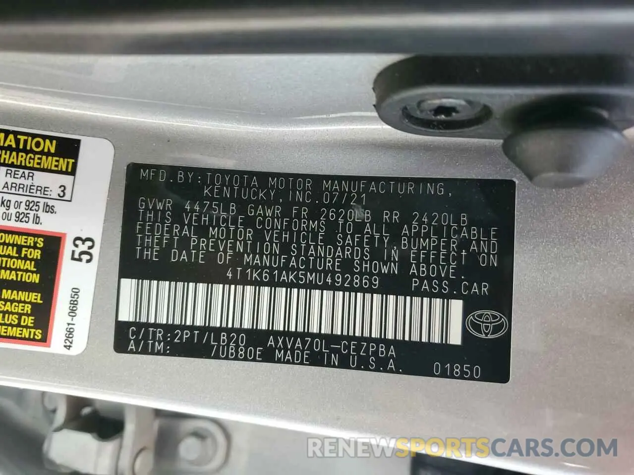 13 Photograph of a damaged car 4T1K61AK5MU492869 TOYOTA CAMRY 2021