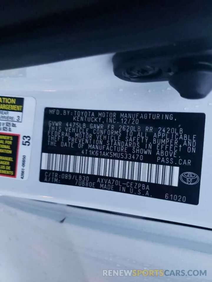13 Photograph of a damaged car 4T1K61AK5MU533470 TOYOTA CAMRY 2021