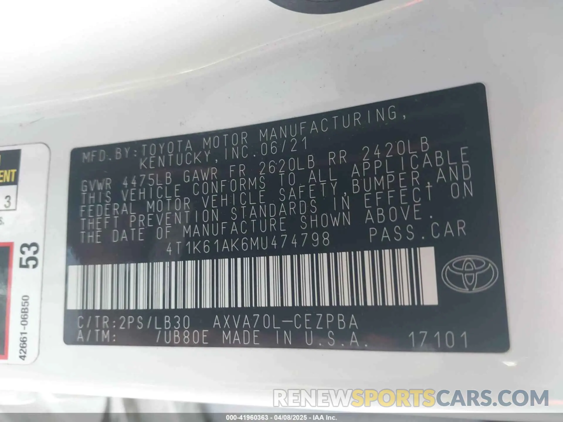 9 Фотография поврежденного автомобиля 4T1K61AK6MU474798 TOYOTA CAMRY 2021