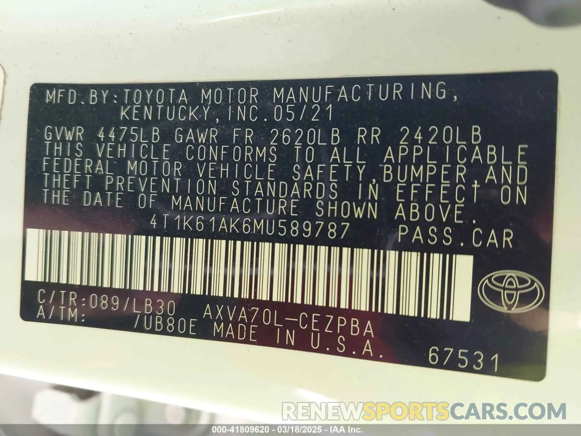 9 Фотография поврежденного автомобиля 4T1K61AK6MU589787 TOYOTA CAMRY 2021