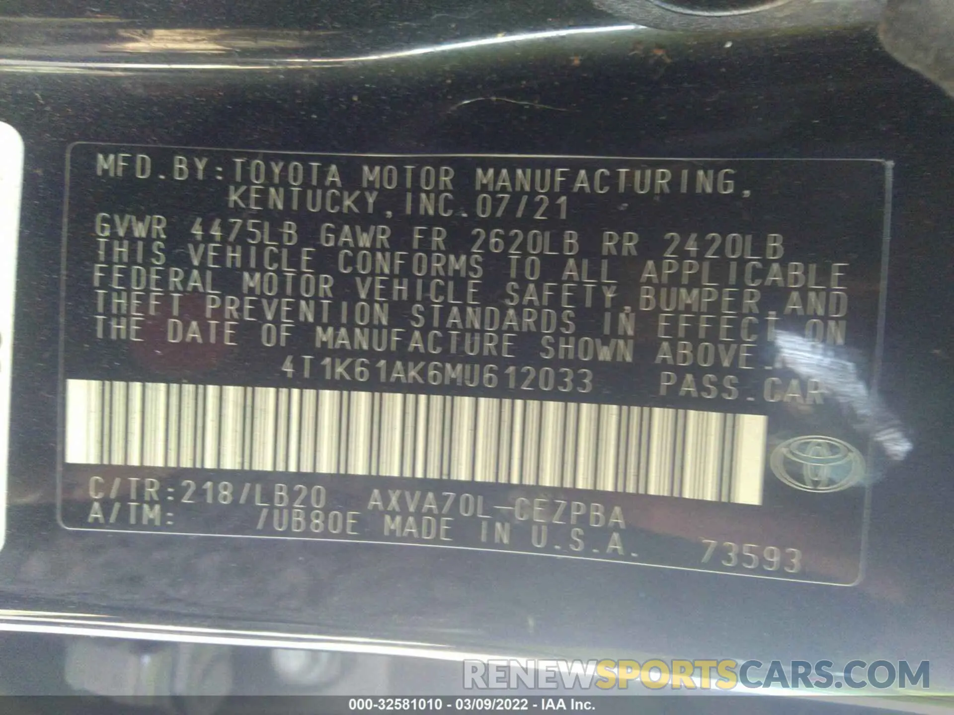 9 Photograph of a damaged car 4T1K61AK6MU612033 TOYOTA CAMRY 2021