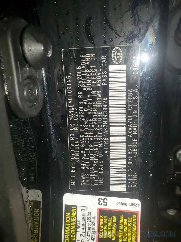 13 Фотография поврежденного автомобиля 4T1K61AK7MU439428 TOYOTA CAMRY 2021
