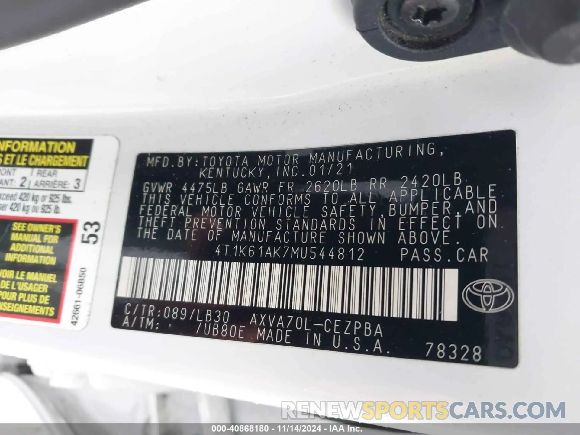 9 Photograph of a damaged car 4T1K61AK7MU544812 TOYOTA CAMRY 2021