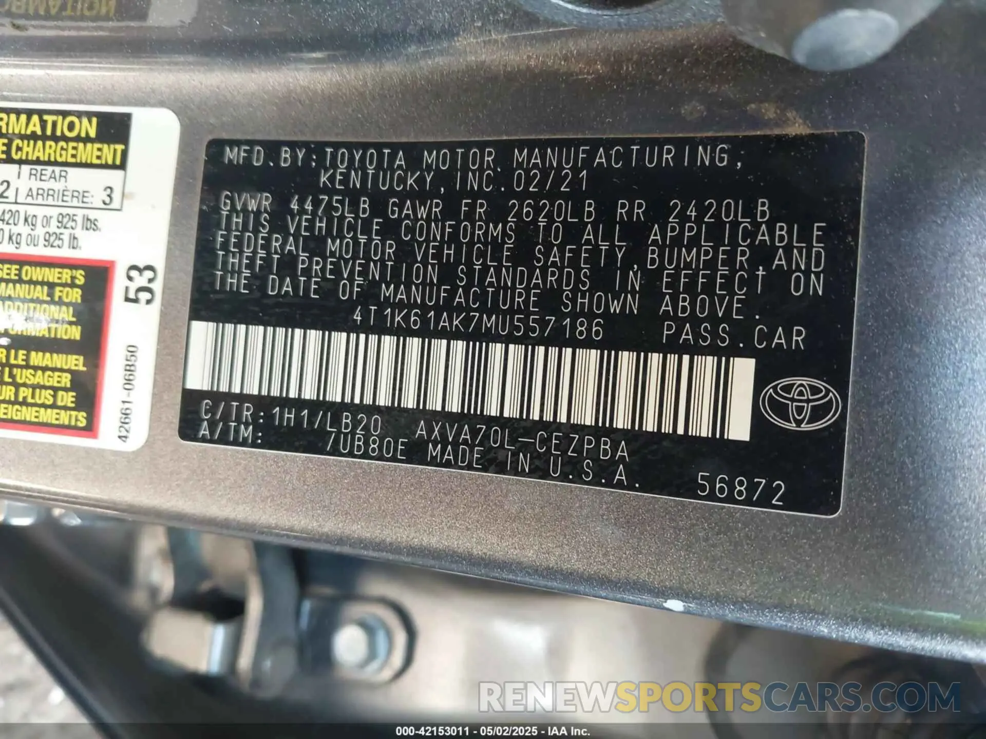 9 Фотография поврежденного автомобиля 4T1K61AK7MU557186 TOYOTA CAMRY 2021
