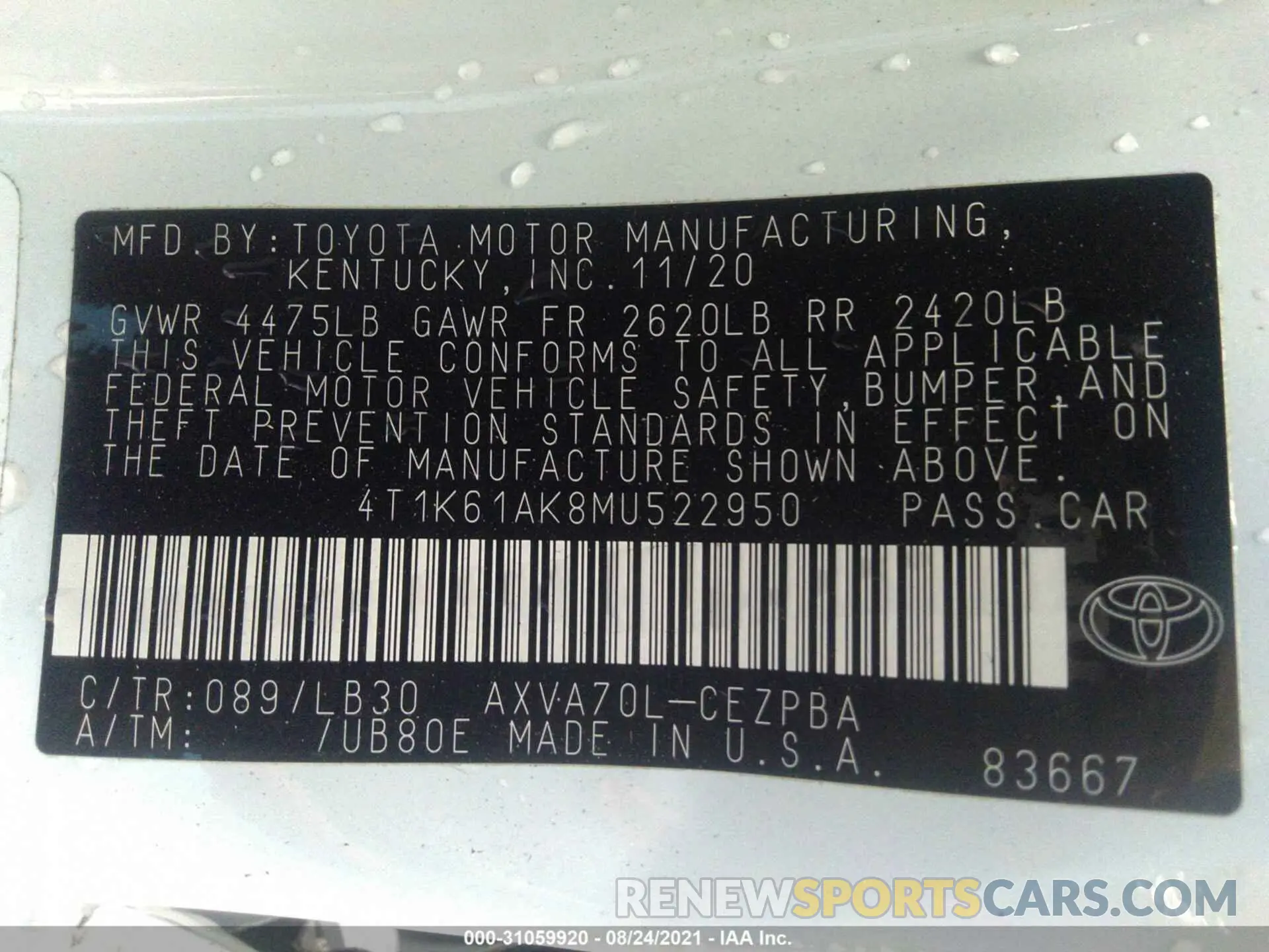 9 Photograph of a damaged car 4T1K61AK8MU522950 TOYOTA CAMRY 2021