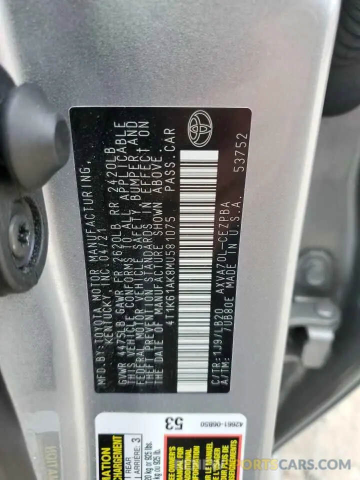13 Photograph of a damaged car 4T1K61AK8MU581075 TOYOTA CAMRY 2021
