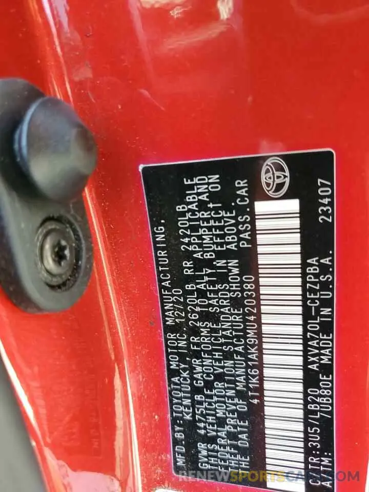 12 Photograph of a damaged car 4T1K61AK9MU420380 TOYOTA CAMRY 2021