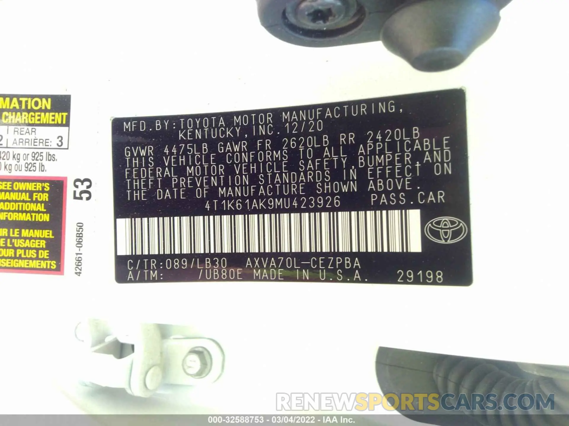 9 Photograph of a damaged car 4T1K61AK9MU423926 TOYOTA CAMRY 2021