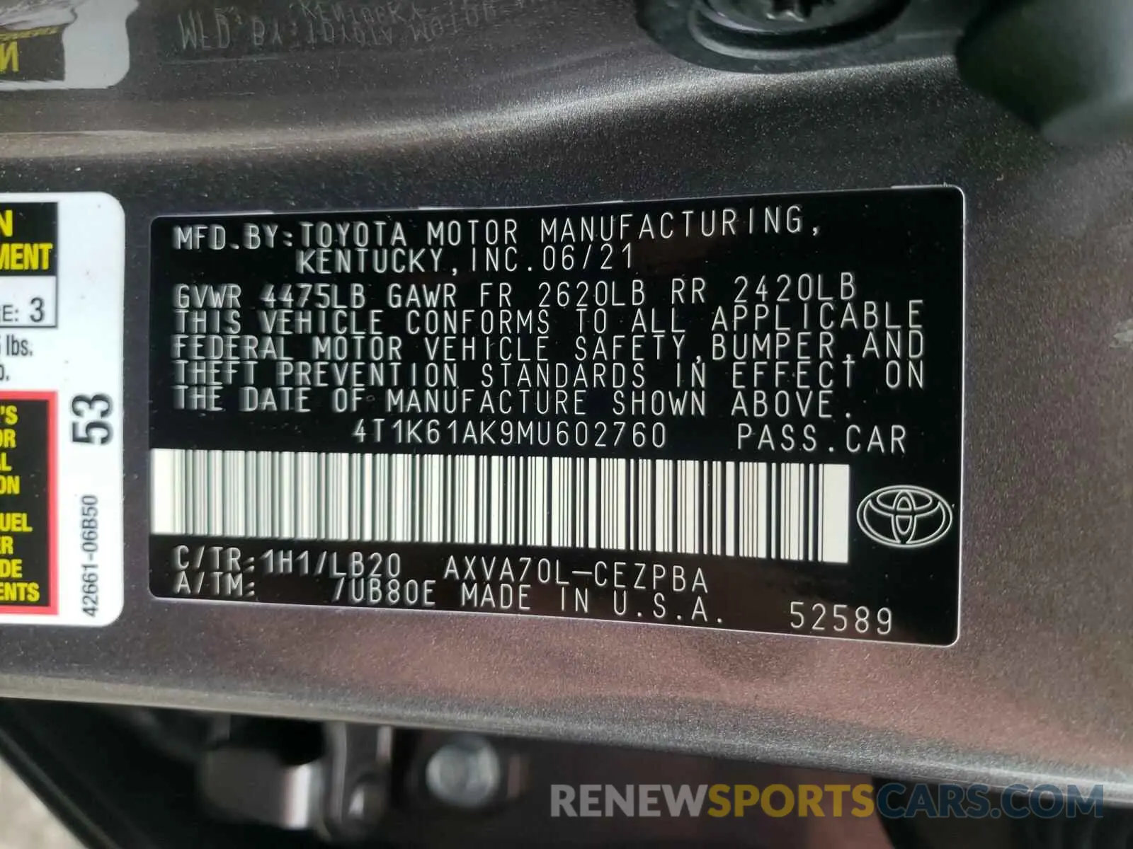 10 Photograph of a damaged car 4T1K61AK9MU602760 TOYOTA CAMRY 2021