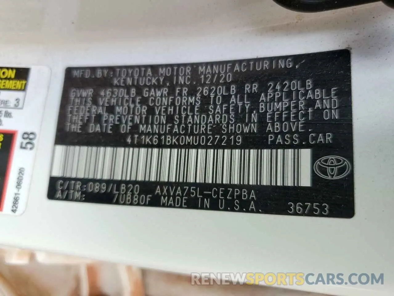 13 Photograph of a damaged car 4T1K61BK0MU027219 TOYOTA CAMRY 2021