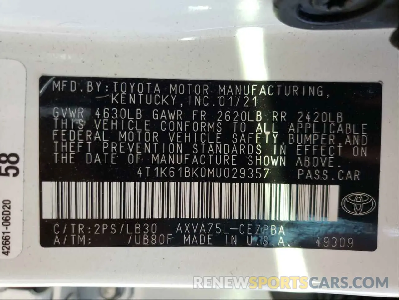 10 Photograph of a damaged car 4T1K61BK0MU029357 TOYOTA CAMRY 2021