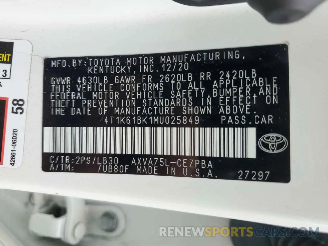 12 Photograph of a damaged car 4T1K61BK1MU025849 TOYOTA CAMRY 2021