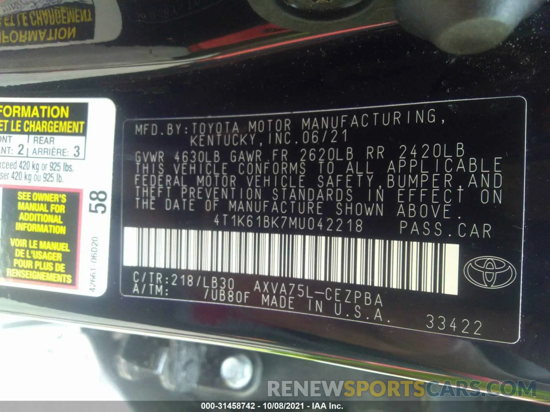 9 Photograph of a damaged car 4T1K61BK7MU042218 TOYOTA CAMRY 2021