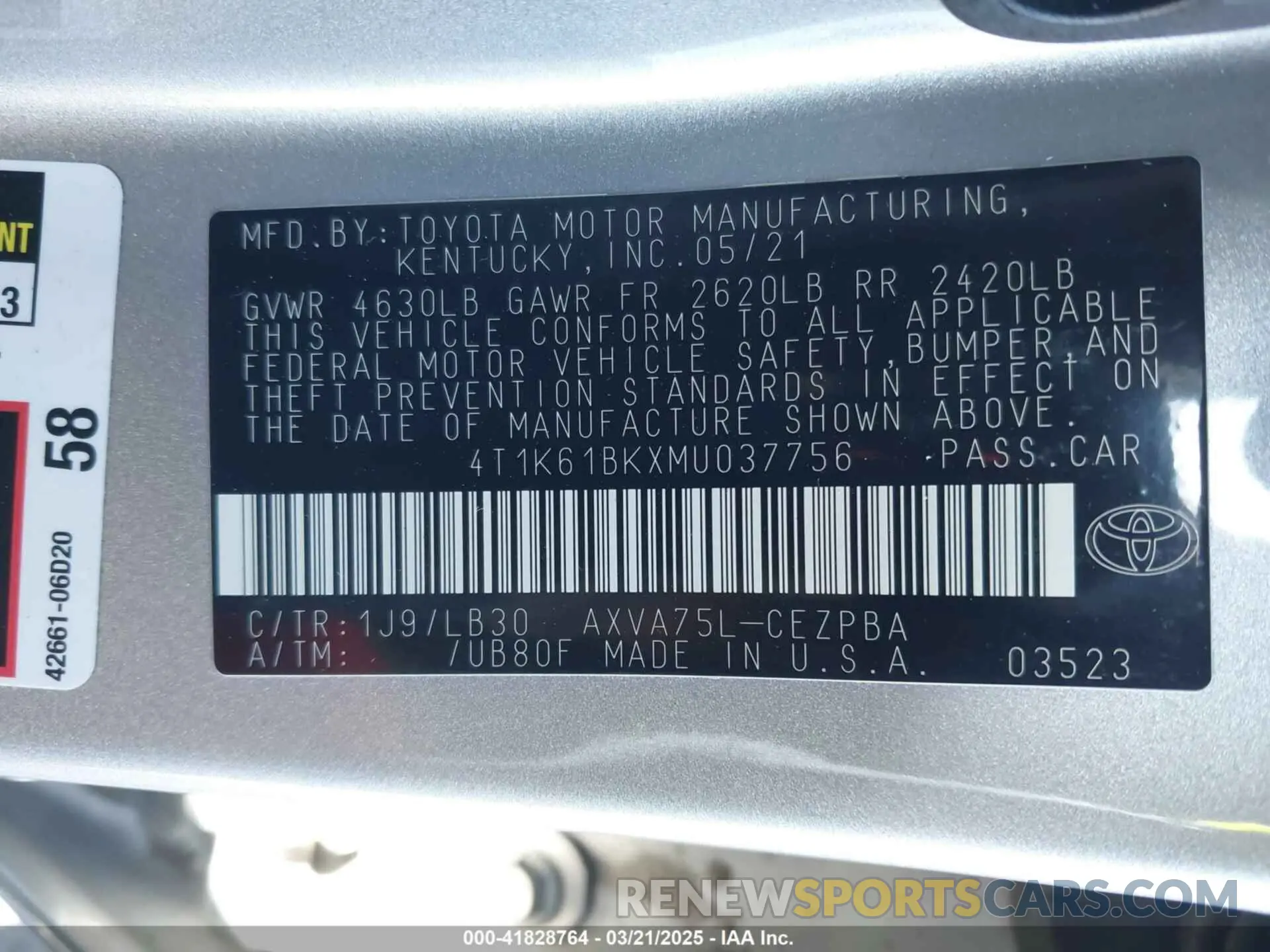 9 Фотография поврежденного автомобиля 4T1K61BKXMU037756 TOYOTA CAMRY 2021