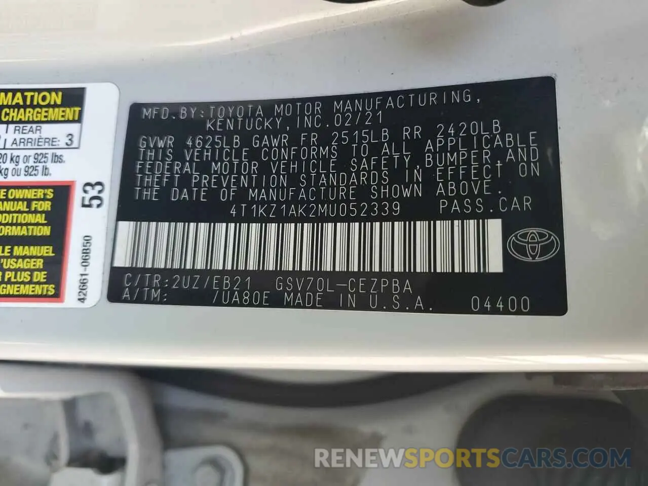 13 Фотография поврежденного автомобиля 4T1KZ1AK2MU052339 TOYOTA CAMRY 2021