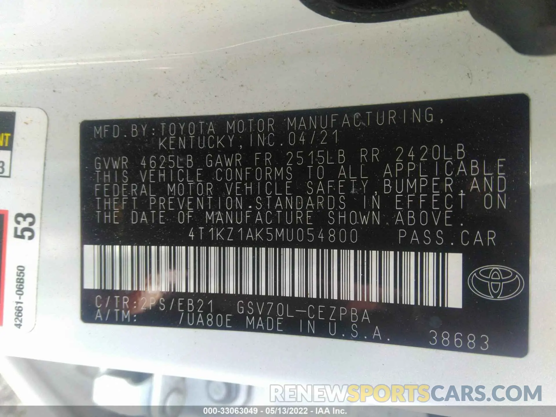 9 Фотография поврежденного автомобиля 4T1KZ1AK5MU054800 TOYOTA CAMRY 2021