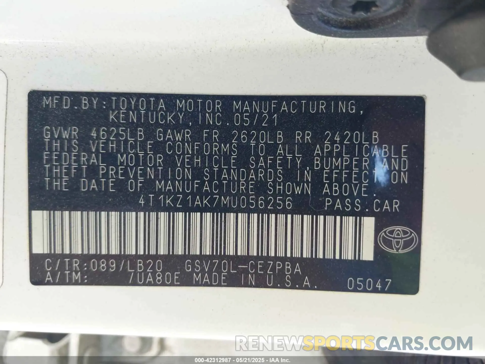 9 Фотография поврежденного автомобиля 4T1KZ1AK7MU056256 TOYOTA CAMRY 2021