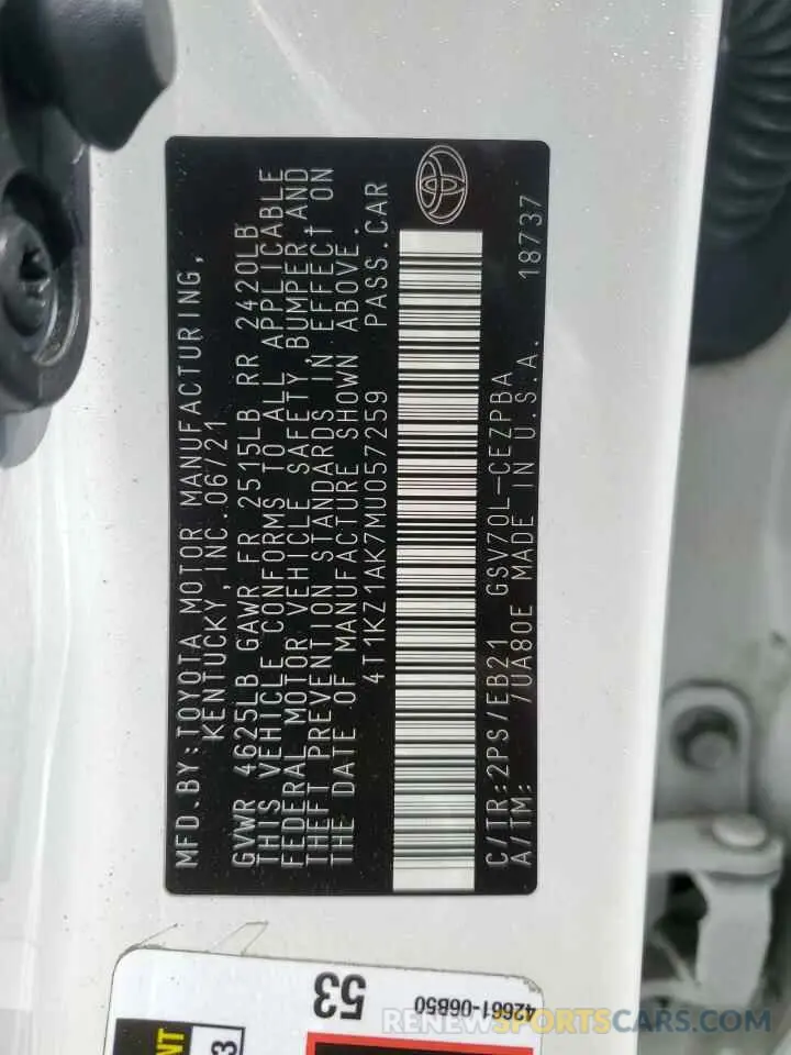 14 Фотография поврежденного автомобиля 4T1KZ1AK7MU057259 TOYOTA CAMRY 2021