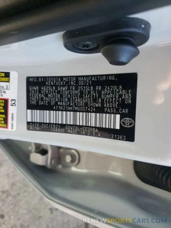 10 Фотография поврежденного автомобиля 4T1KZ1AK7MU057424 TOYOTA CAMRY 2021