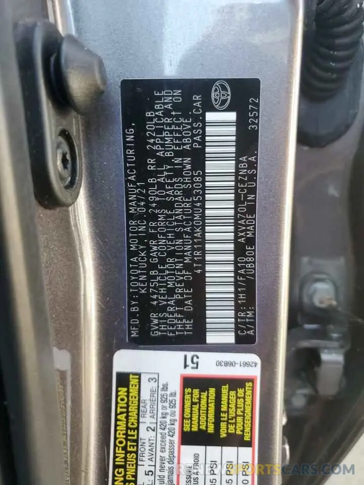 13 Фотография поврежденного автомобиля 4T1R11AK0MU453085 TOYOTA CAMRY 2021