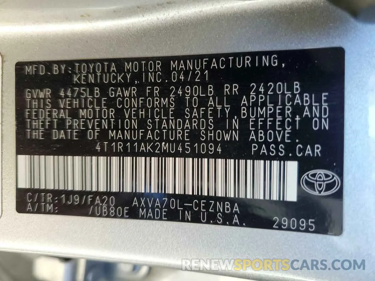 12 Photograph of a damaged car 4T1R11AK2MU451094 TOYOTA CAMRY 2021