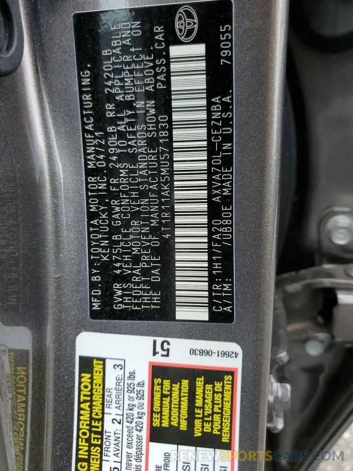 10 Фотография поврежденного автомобиля 4T1R11AK5MU571830 TOYOTA CAMRY 2021
